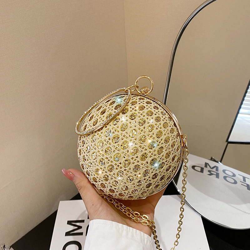 Abendtasche für Damen ⎜ Runde Umhängetasche mit Glitzersteinen und Kette für Partys und festliche Anlässe