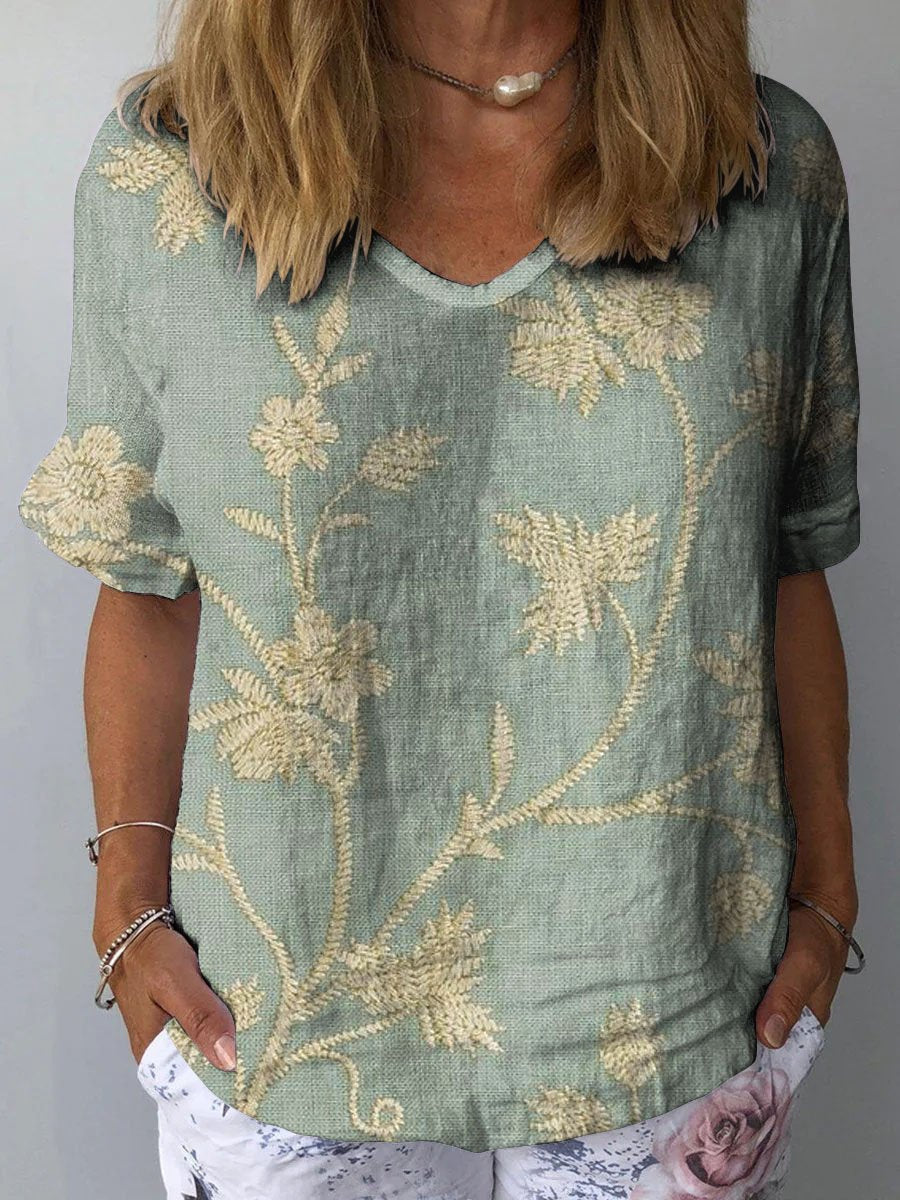 Karen - Lässige Damenhemd mit Retro-Blumenmuster aus Baumwolle und Leinen