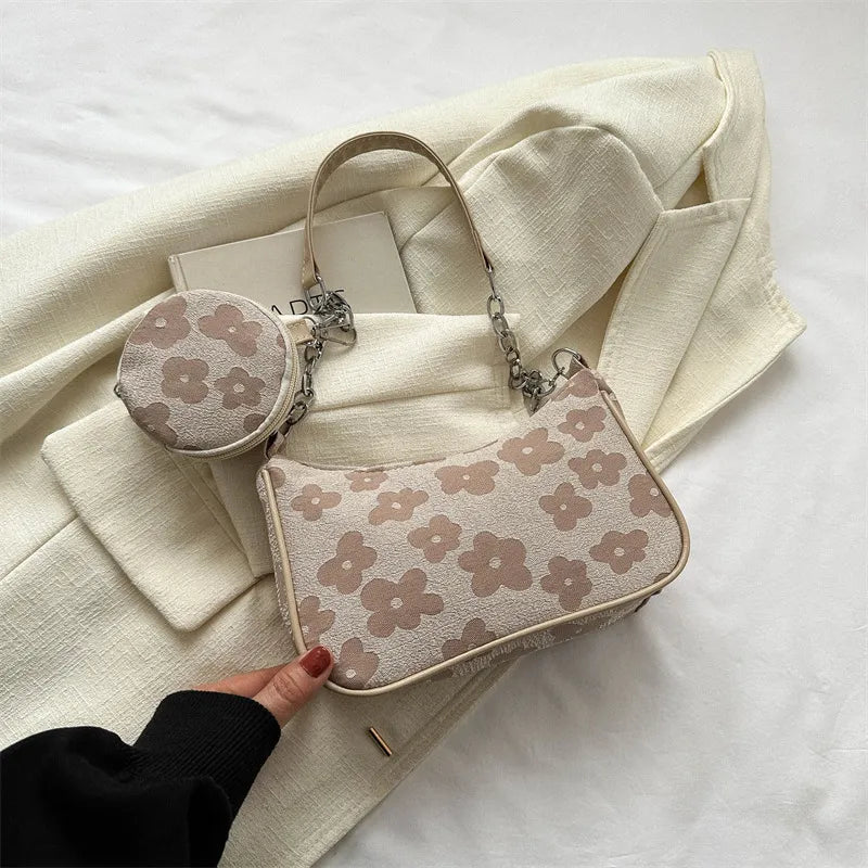 Schultertasche für Damen ⎜ Kompakte Umhängetasche mit Retro-Muster und abnehmbarer Mini-Tasche für unterwegs