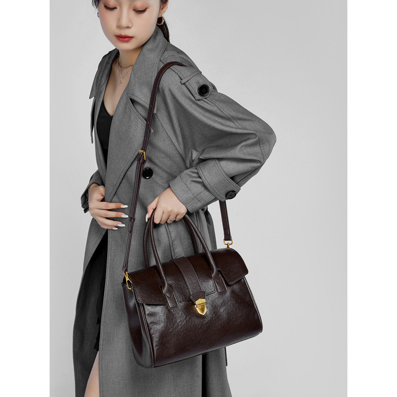 Leder Aktentasche für Damen ⎜ Geräumige Tragetasche im Retro-Stil mit Schultergurt für Alltag und Büro