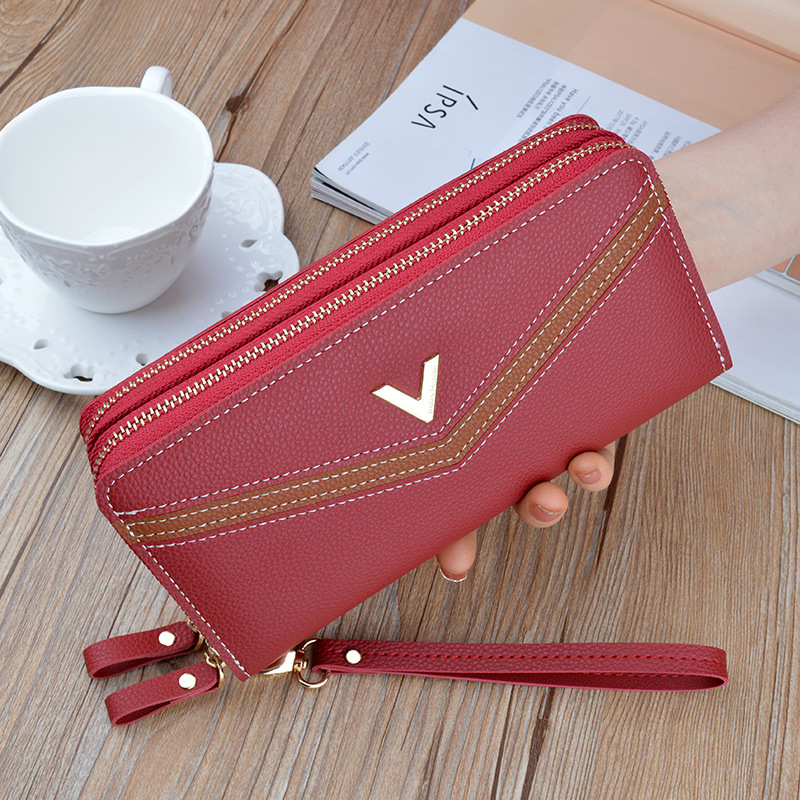 Damen Geldbörse mit Doppelreißverschluss ⎜ Lange Clutch mit Handriemen und modernem Design
