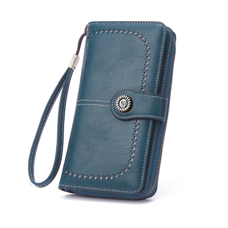 Lange Damen Geldbörse aus Leder ⎜ Retro Portemonnaie mit Druckknopfverschluss und abnehmbarem Handgelenkriemen