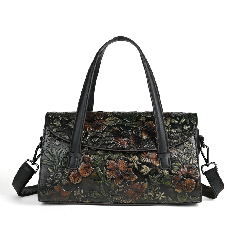 Handtasche für Damen ⎜ Retro-Schultertasche aus Lederoptik mit Blumenmuster und abnehmbarem Riemen