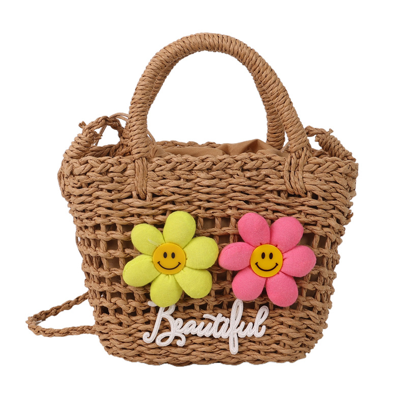 Damen Korbtasche ⎜ Vielseitige Handtasche mit sommerlichem Design und fröhlichen Blütenapplikationen
