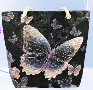 Handtasche mit Reißverschluss für Damen ⎜ Bestickte Tragetasche mit beidseitigem Schmetterlingsmotiv in Lila