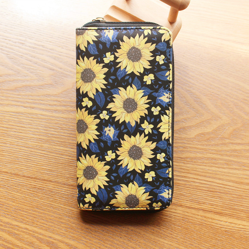Damen Geldbörse mit Sonnenblumenmuster ⎜ Schlankes Portemonnaie mit Reißverschluss und viel Stauraum