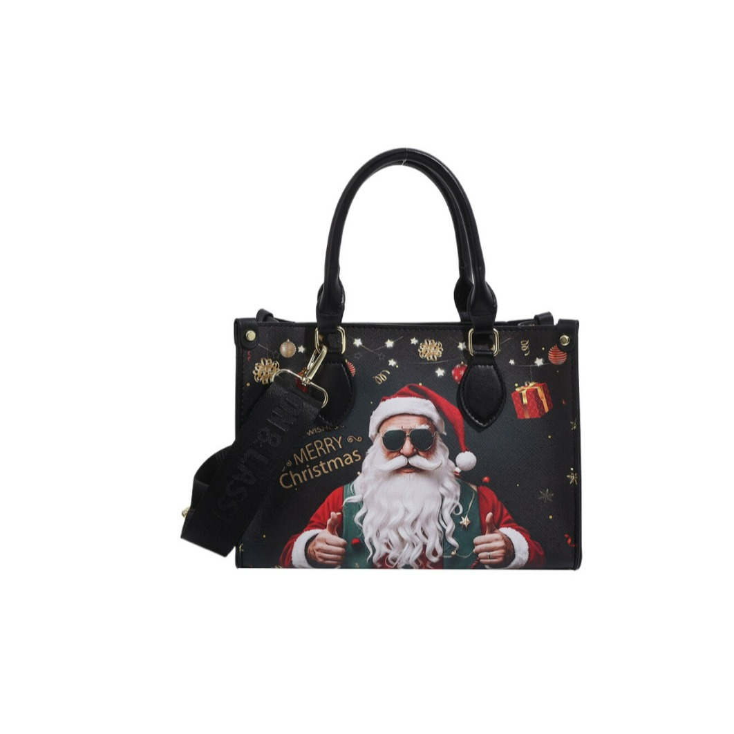 Handtasche für Damen ⎜ Weihnachtliche Tragetasche mit Santa-Print und breitem Riemen für festliche Outfits