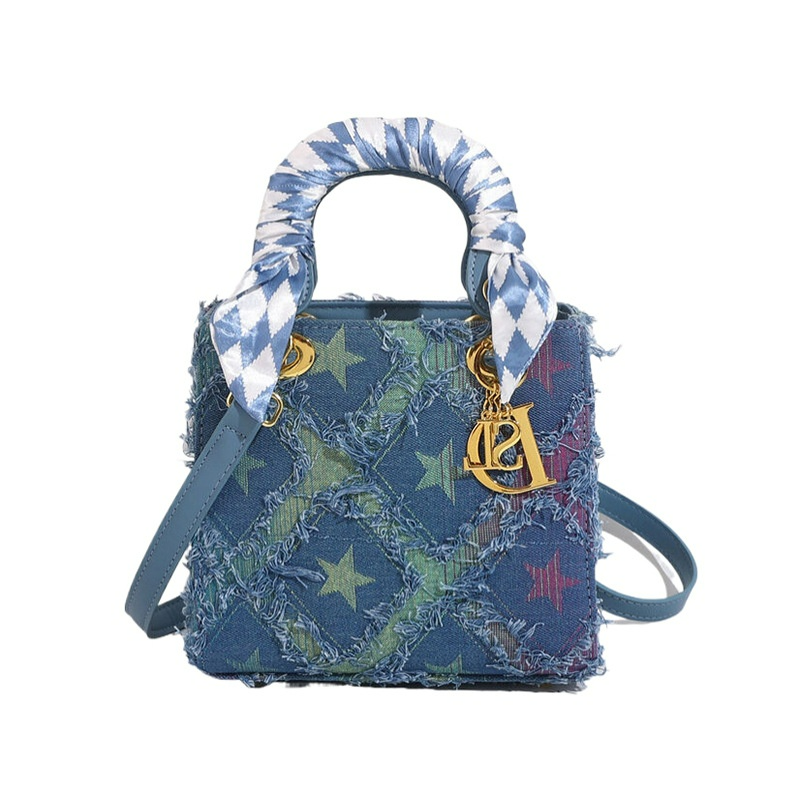 Handtasche für Damen ⎜ Modische Denim-Tasche mit Sternenmuster und Schulterriemen für Alltag und Freizeit