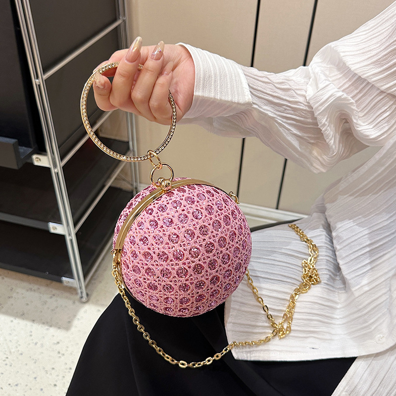 Abendtasche für Damen ⎜ Runde Umhängetasche mit Glitzersteinen und Kette für Partys und festliche Anlässe