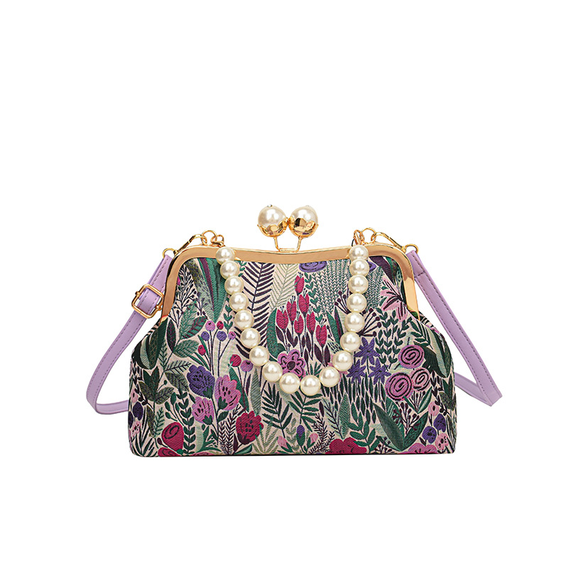 Handtasche für Damen ⎜ Elegante Umhängetasche mit floralem Muster und Perlenhenkel im Vintage-Stil