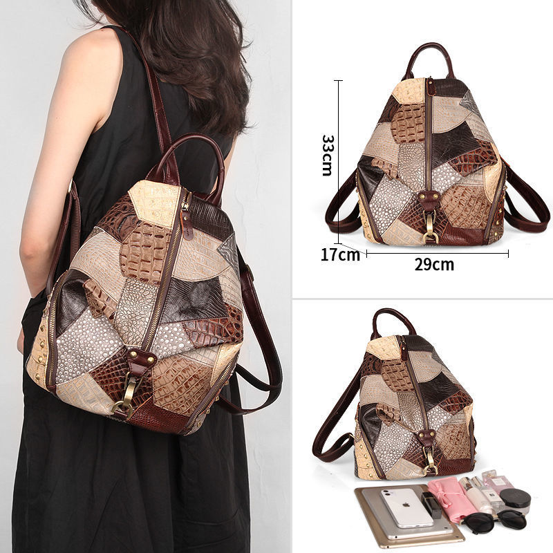 Damen Rucksack aus Patchwork-Leder ⎜ Geräumiger Vintage-Rucksack mit Reißverschluss und Tragegriffen