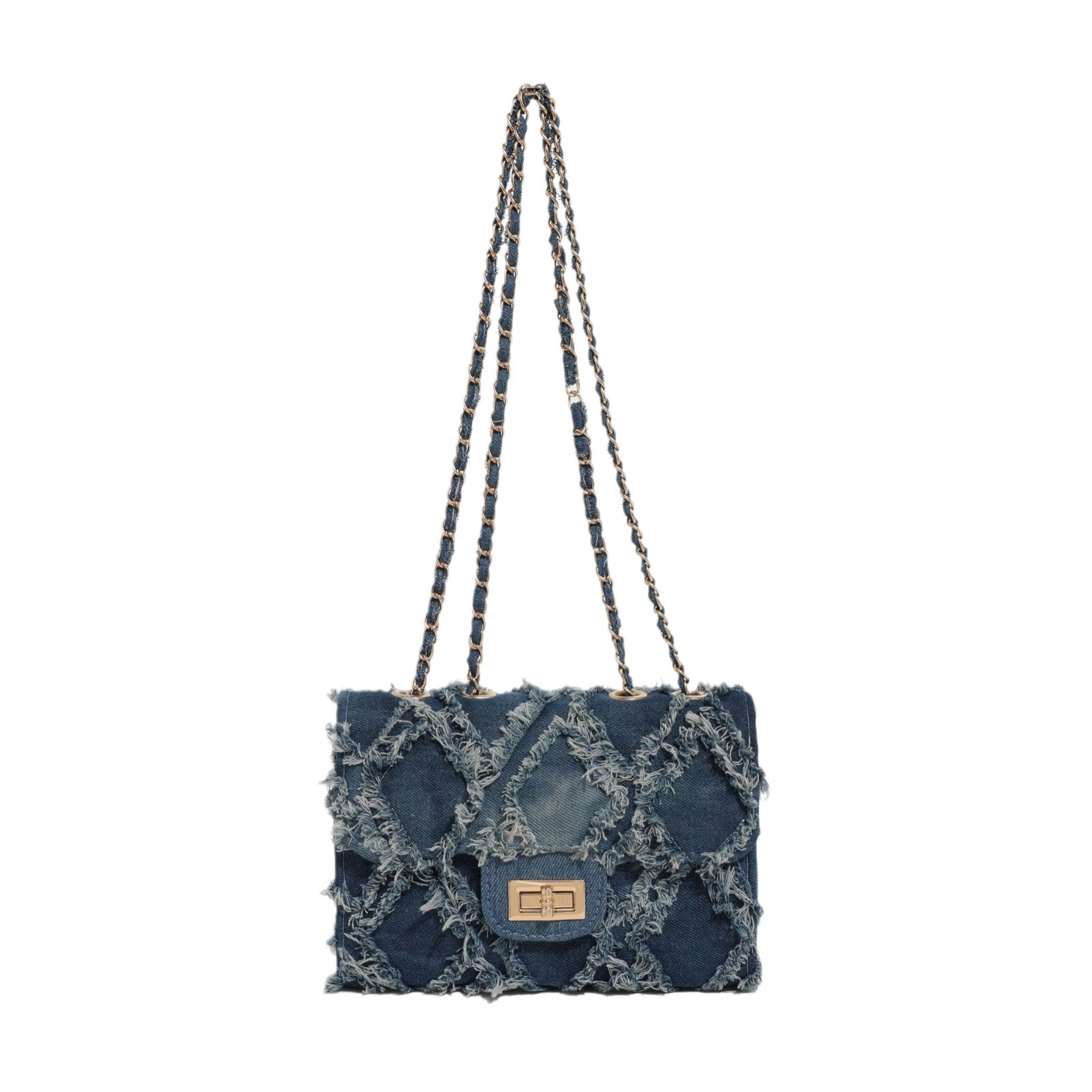 Damen Schultertasche aus Denim ⎜ Modische Umhängetasche mit Kettenriemen und Rautensteppung im Used-Look