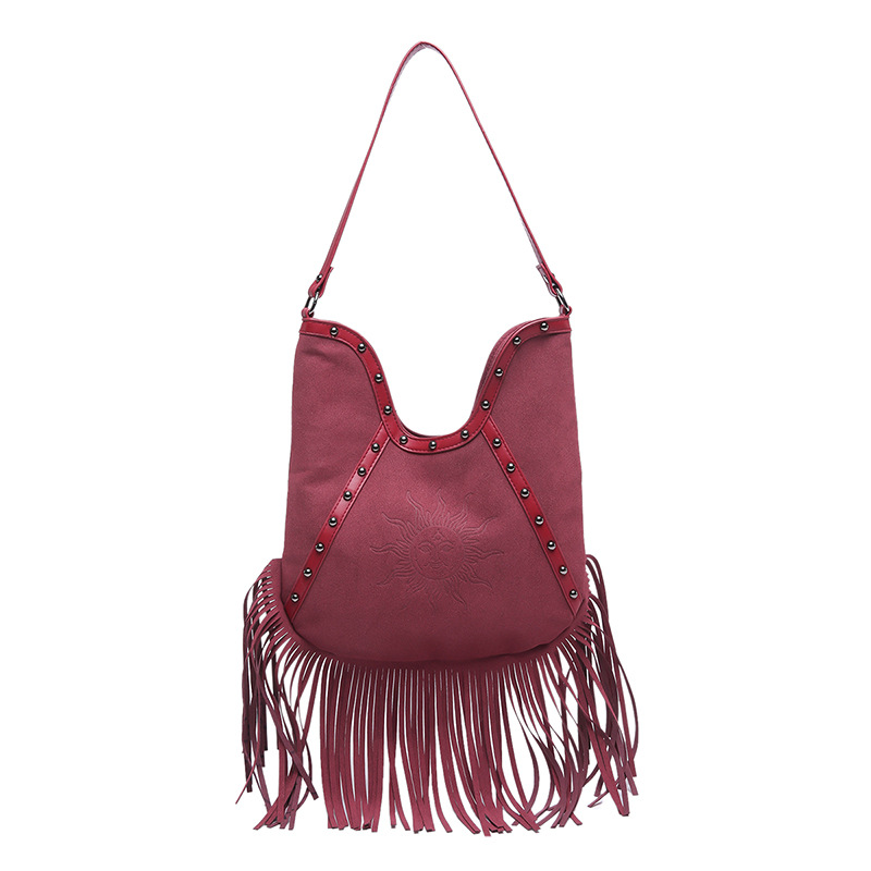 Schultertasche für Damen ⎜ Große Umhängetasche mit Fransen und Nieten für Freizeit und Festival-Look