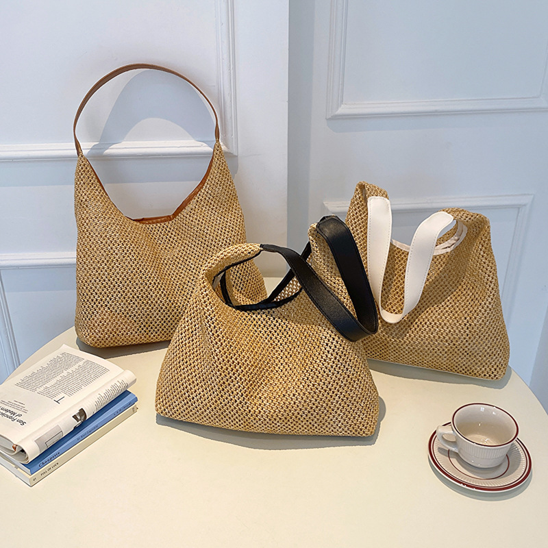 Strandtasche für Damen ⎜ Leichte Tragetasche aus Stroh im Retro-Stil für Sommer, Urlaub und Alltag