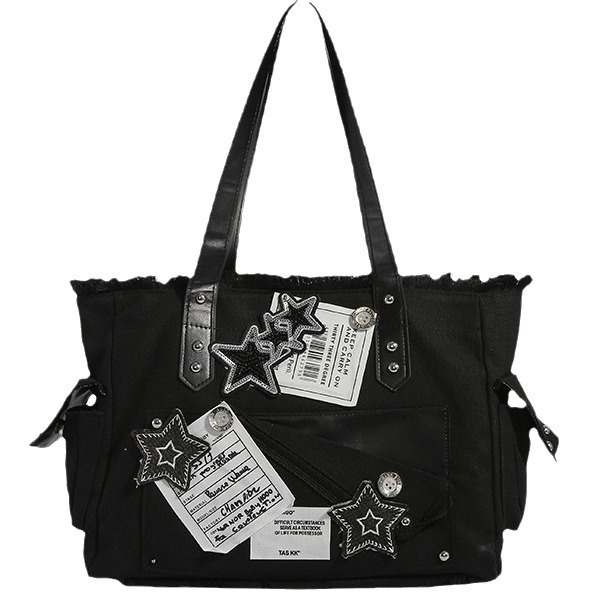 Shopper Tasche für Damen ⎜ Geräumige Canvas-Schultertasche im Y2K-Stil mit Sternapplikationen für Alltag und Freizeit