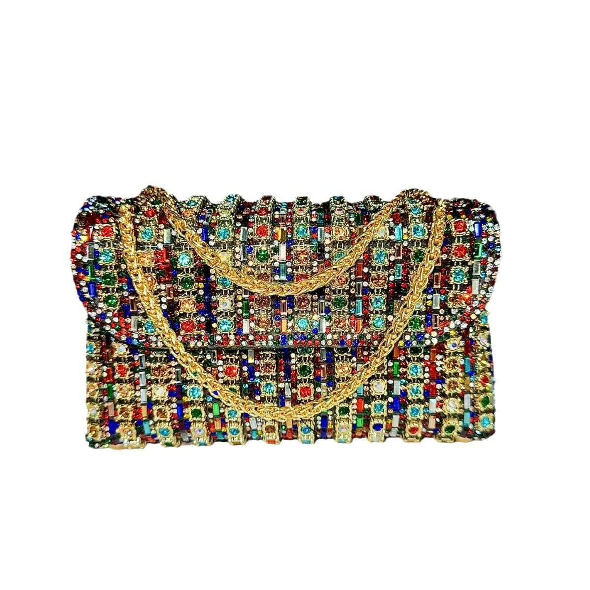 Abendtasche für Damen ⎜ Glitzernde Clutch mit bunten Strasssteinen und goldener Kette für festliche Anlässe