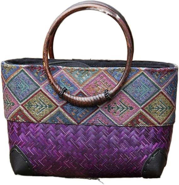 Handtasche aus Bambus ⎜ Handgefertigte Rattan-Tasche mit buntem Gewebe und Holzgriffen