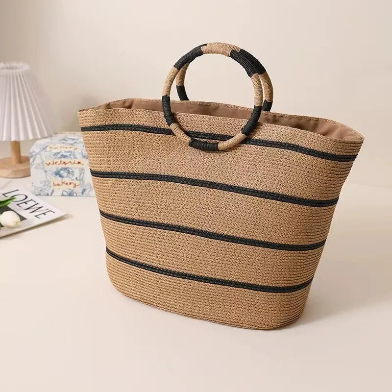 Strandtasche für Damen ⎜ Große Handtasche aus Geflecht mit Rundgriffen und viel Stauraum für Sommer und Freizeit