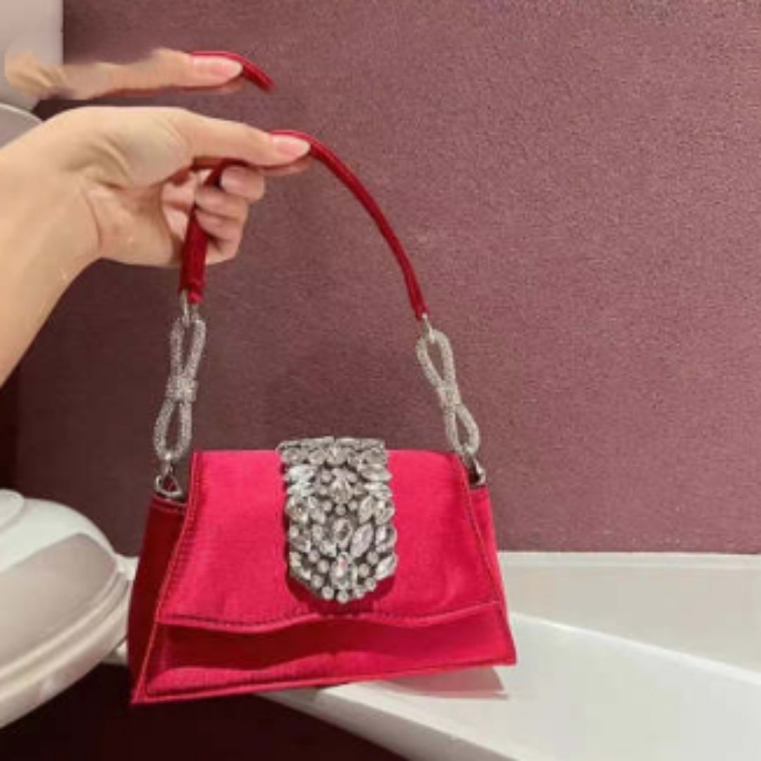 Abendtasche für Damen ⎜ Elegante Satin-Tasche mit Strassklappe und kurzem Tragegriff für festliche Anlässe