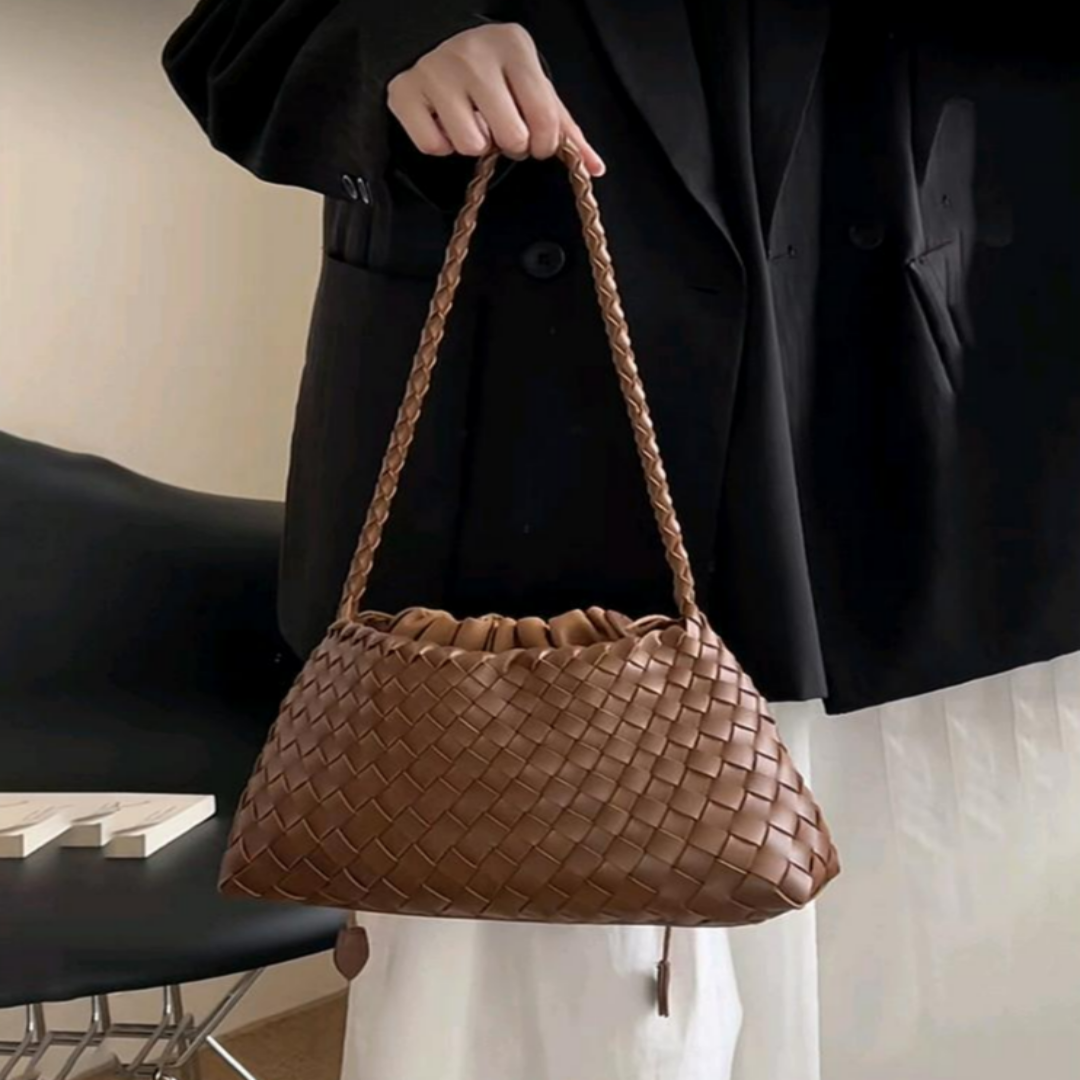 Schultertasche für Damen ⎜ Geflochtene Ledertasche im Beutelstil mit Kordelzug für stilvolle Outfits