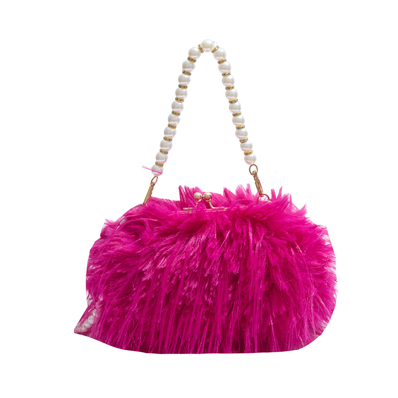Abendtasche für Damen ⎜ Flauschige Handtasche mit Kunstperlenhenkel für Partys und besondere Anlässe
