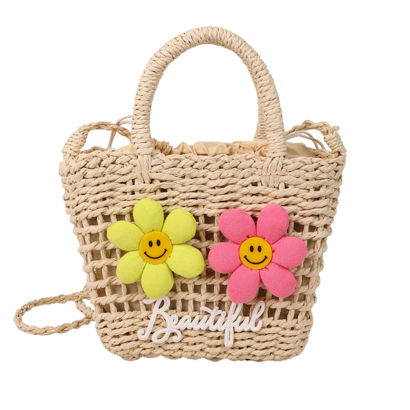 Damen Korbtasche ⎜ Vielseitige Handtasche mit sommerlichem Design und fröhlichen Blütenapplikationen