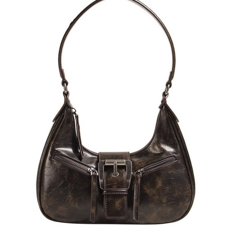 Retro Damen Schultertasche ⎜ Stylische Underarm-Tasche in Halbmond-Form aus Kunstleder