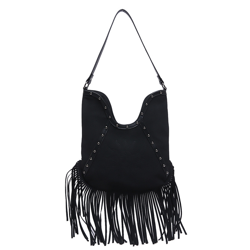 Schultertasche für Damen ⎜ Große Umhängetasche mit Fransen und Nieten für Freizeit und Festival-Look