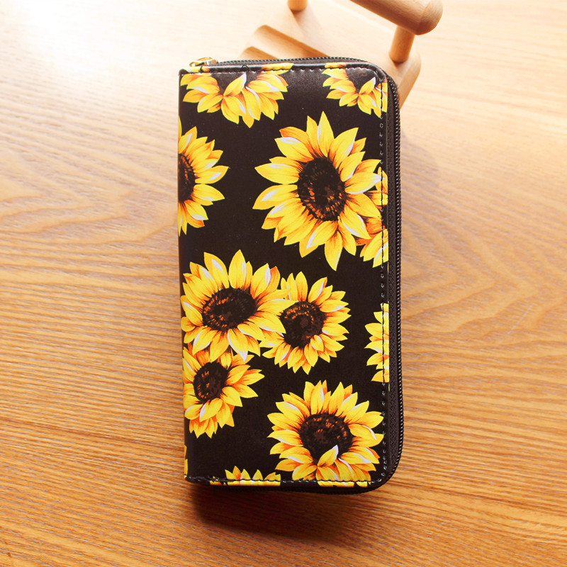 Damen Geldbörse mit Sonnenblumenmuster ⎜ Schlankes Portemonnaie mit Reißverschluss und viel Stauraum