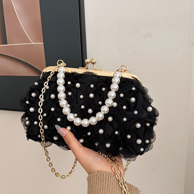 Abendtasche für Damen ⎜ Elegante Blumen-Design mit Perlenkette und praktischer Schulterkette