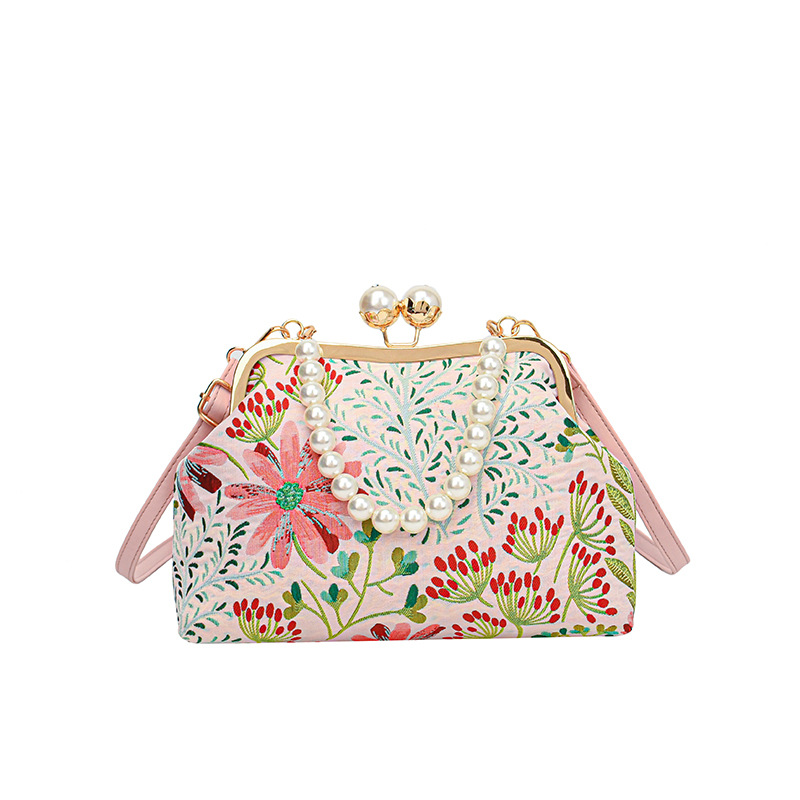 Handtasche für Damen ⎜ Elegante Umhängetasche mit floralem Muster und Perlenhenkel im Vintage-Stil