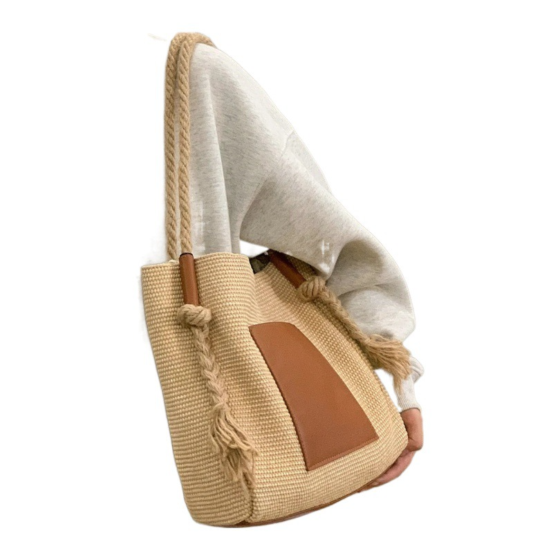 Damen Sommertasche mit Kordelriemen ⎜ Lässige Schultertasche aus Geflecht für Freizeit und Strandtage