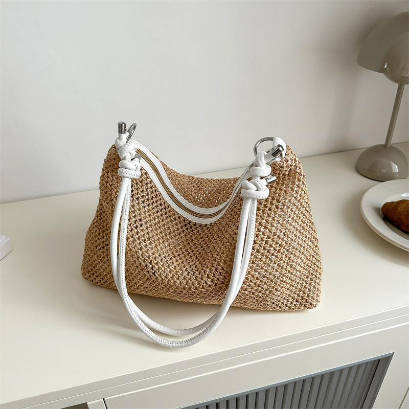 Damen Schultertasche aus Strohmaterial ⎜ Leichte Sommertasche mit Retro-Charme für Alltag und Ausflüge