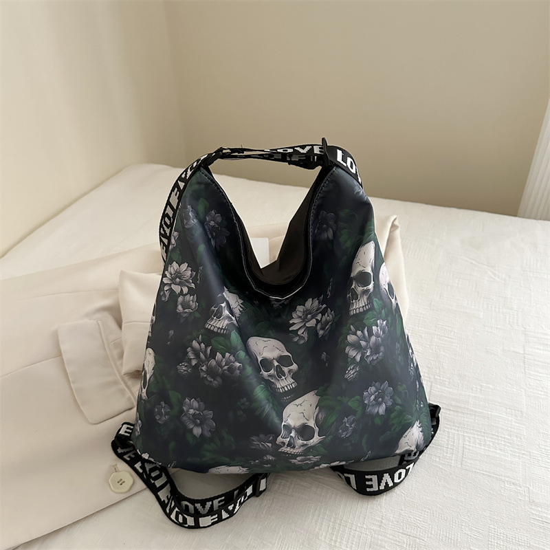 Schultertasche für Damen ⎜ Kreative Nylon-Tasche mit Totenkopf-Muster und großem Fassungsvermögen