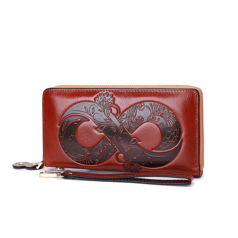 Damen Geldbörse aus Echtleder ⎜ Retro Clutch mit Reißverschluss und floraler Prägung