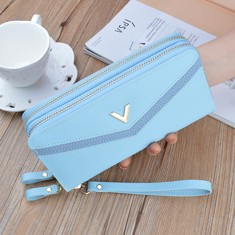 Damen Geldbörse mit Doppelreißverschluss ⎜ Lange Clutch mit Handriemen und modernem Design