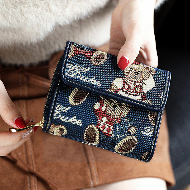 Damen Geldbörse mit Bärchenmotiv ⎜ Niedliche Stoff-Brieftasche mit Reißverschluss und Fächern für Karten und Münzen