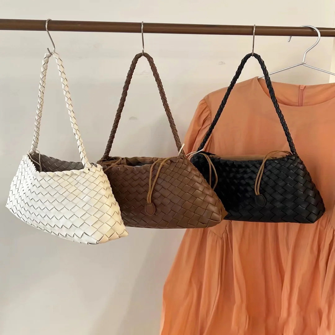 Schultertasche für Damen ⎜ Geflochtene Ledertasche im Beutelstil mit Kordelzug für stilvolle Outfits