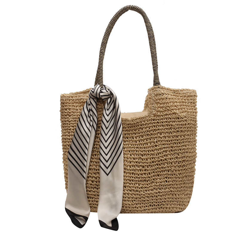 Strandtasche für Damen aus Strohgeflecht ⎜ Geräumige Schultertasche mit Tuch für Urlaub, Shopping und Sommerlooks