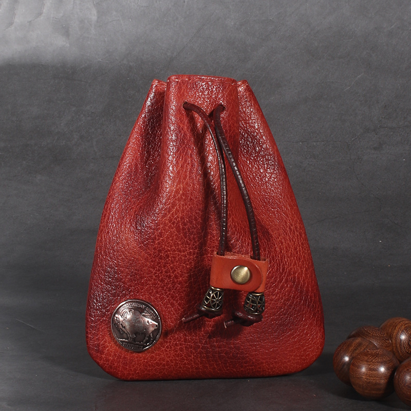 Münzbeutel aus Leder im Vintage-Stil ⎜ Handliche Tasche mit Kordelzug und Karabiner zum Befestigen am Gürtel