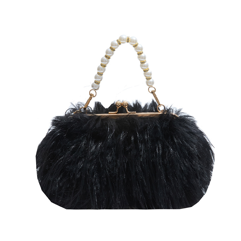 Abendtasche für Damen ⎜ Flauschige Handtasche mit Kunstperlenhenkel für Partys und besondere Anlässe
