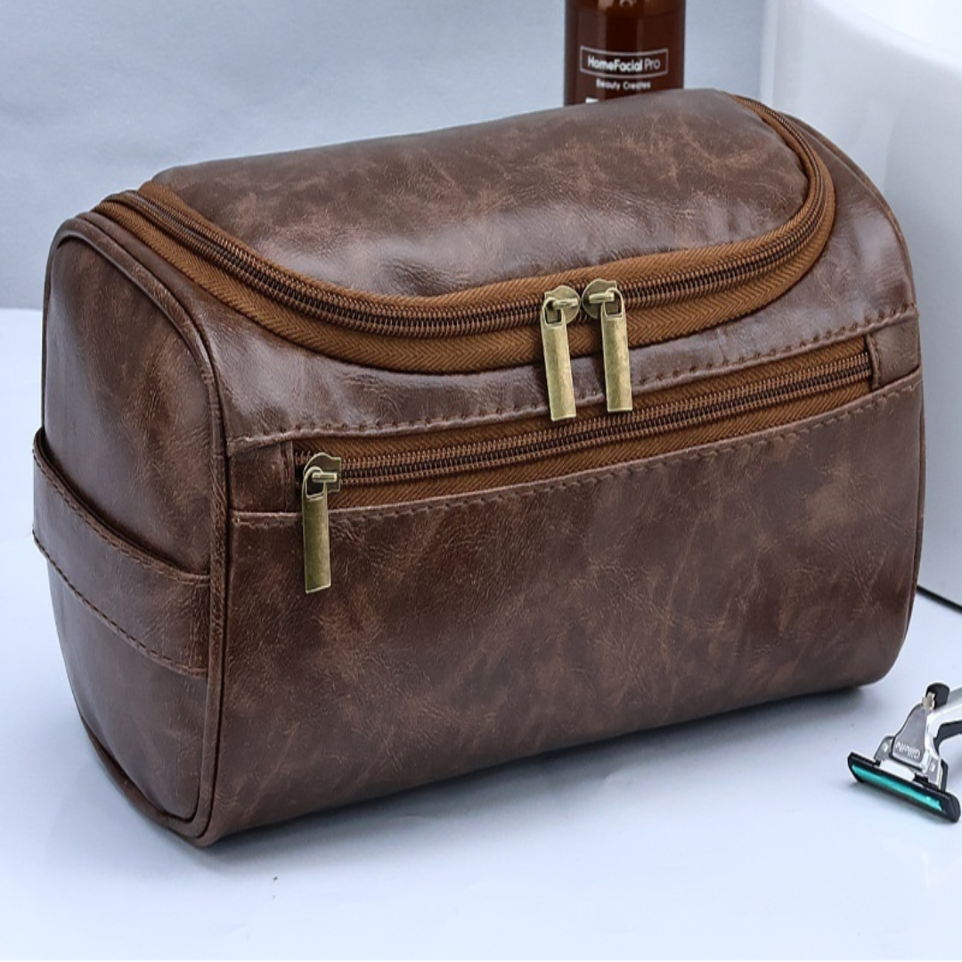 Kosmetiktasche mit Griff ⎜ Geräumige Kulturtasche aus Leder für Reisen, Bad und Make-up-Aufbewahrung