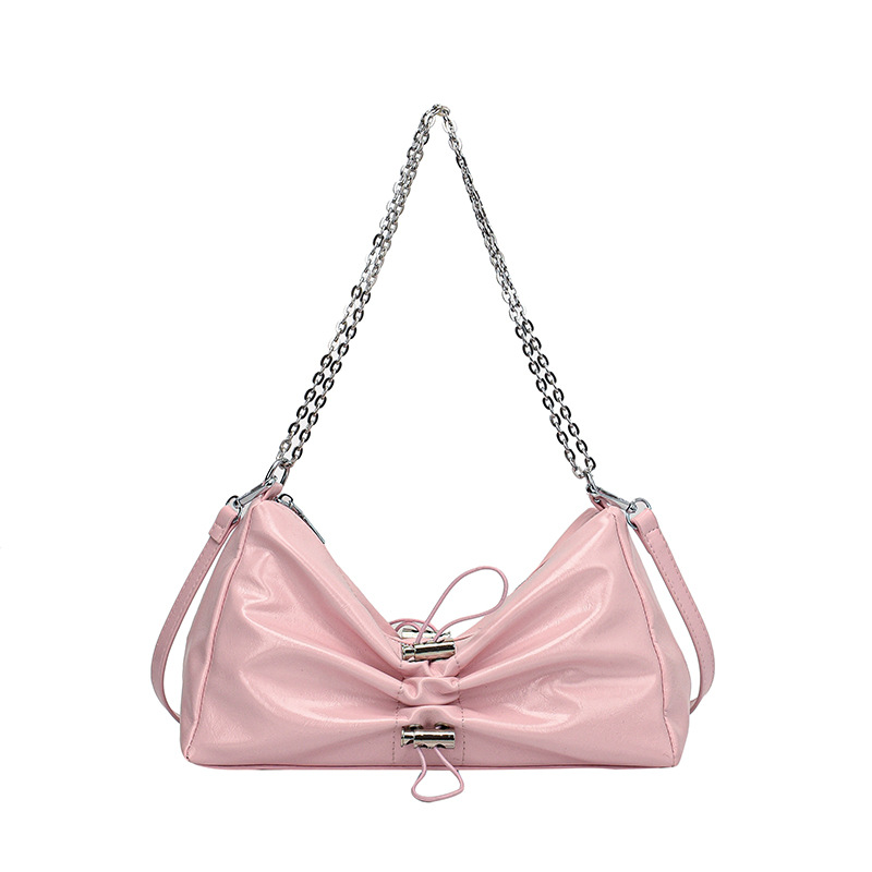Schultertasche für Damen ⎜ Glänzende Umhängetasche mit Kettengurt und raffiniertem Falten-Design für Ausgehen und Events