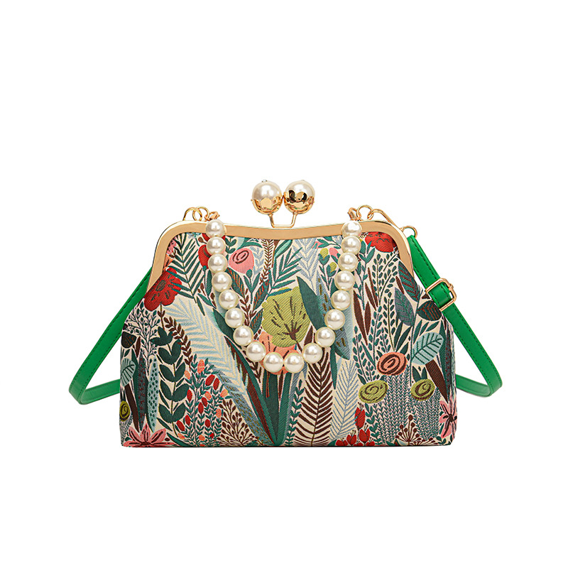 Handtasche für Damen ⎜ Elegante Umhängetasche mit floralem Muster und Perlenhenkel im Vintage-Stil