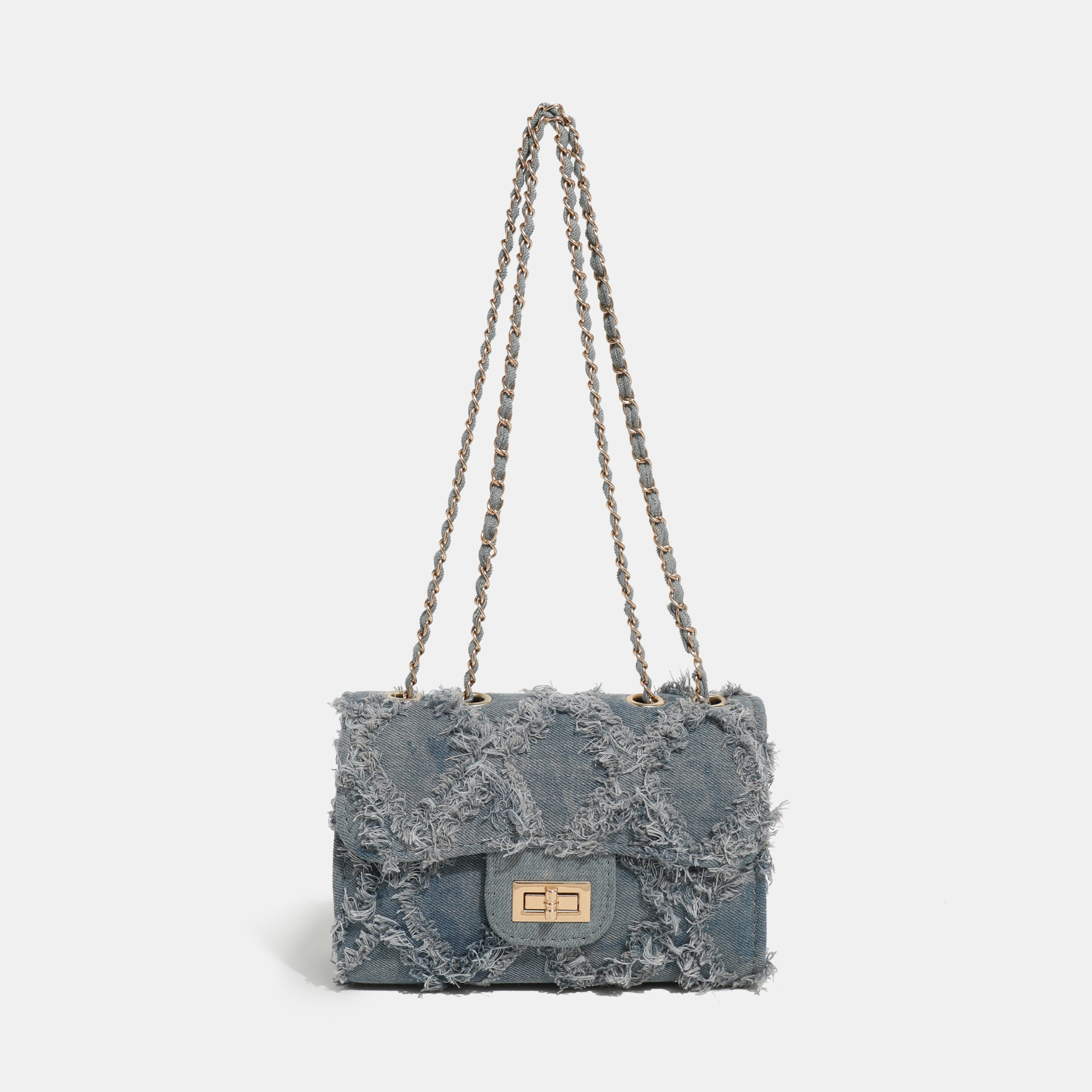 Damen Schultertasche aus Denim ⎜ Modische Umhängetasche mit Kettenriemen und Rautensteppung im Used-Look