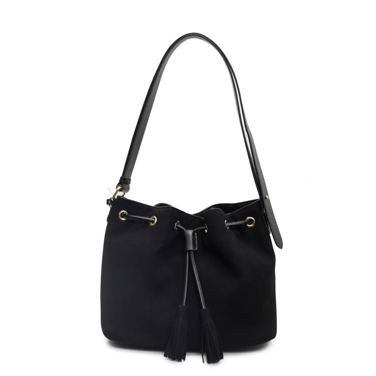Beuteltasche für Damen ⎜ Modische Umhängetasche aus Wildlederimitat mit Kordelzug und Quasten für den Alltag