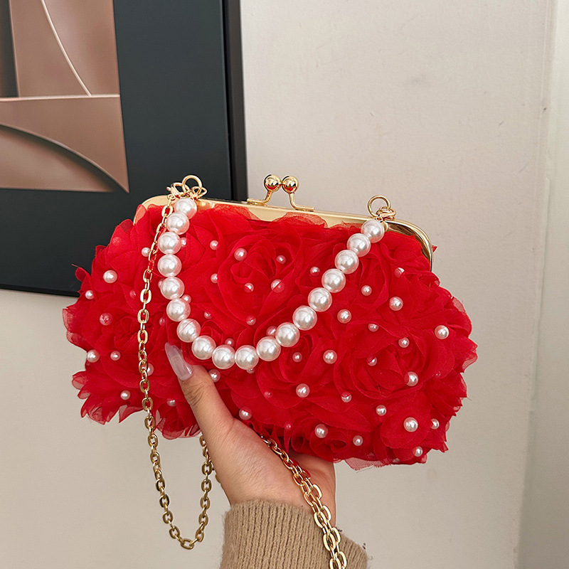 Abendtasche für Damen ⎜ Elegante Blumen-Design mit Perlenkette und praktischer Schulterkette