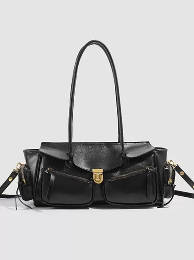 Damentasche aus Leder ⎜ Geräumige Schultertasche mit Retro-Look und Außentaschen