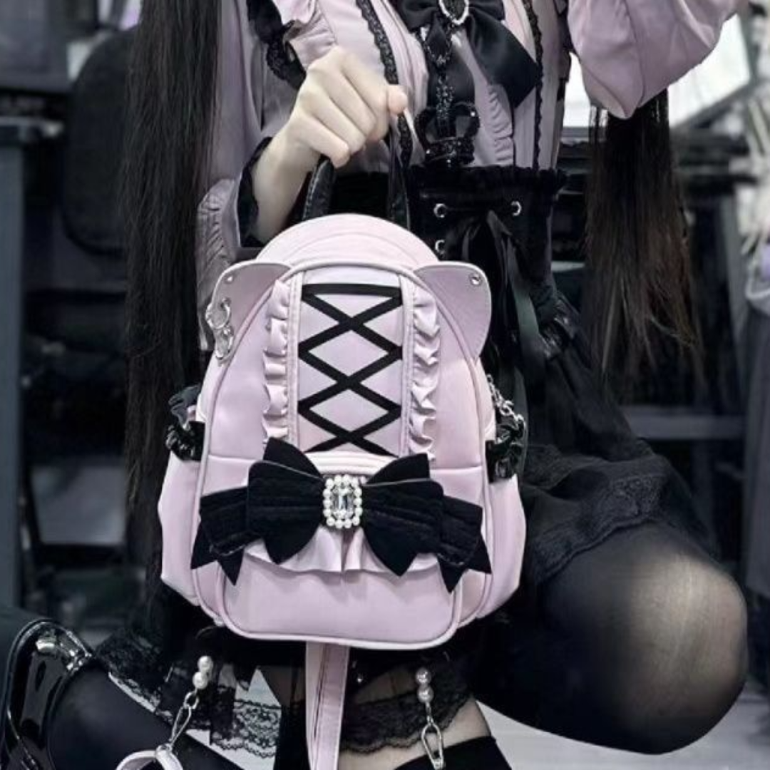 Damen Rucksack mit Katzenohren ⎜ Niedliches Design mit Spitze und viel Stauraum für Schule und Freizeit