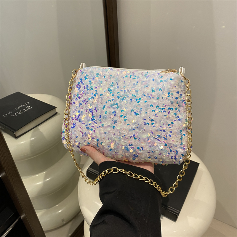 Abendtasche für Damen ⎜ Glänzende Schultertasche mit Pailletten und goldener Kette für stilvolle Anlässe